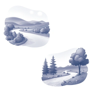 Two depictions of the same natural scene. The first is a detailed illustration showing a peaceful landscape with rolling hills in the background and a clear sky above. In the foreground, there is a gently flowing river bordered by a variety of trees and plants. The second depiction presents the same scene, but as a painting, with more emphasis on the texture of the water and the foliage. The trees are lush, and small animals can be seen peeking through the underbrush near the riverbank. The sky remains clear, with an inviting atmosphere in both representations.