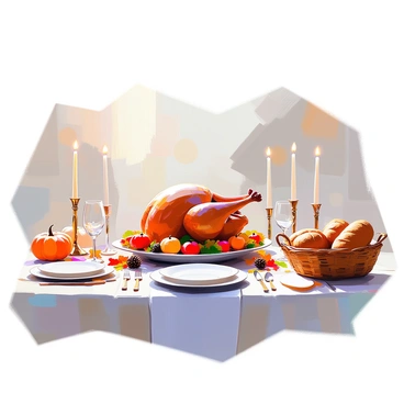 A dinner table set for Thanksgiving features a large, golden-brown roast turkey at the center, presented on an elegant white serving platter. Surrounding the turkey are decorative elements such as small pumpkins, colorful autumn leaves, and scattered pine cones. The table is covered with a white tablecloth and set with fine china plates, polished silverware, and crystal glasses. Soft candlelight from various candles creates a warm, inviting atmosphere. Freshly baked bread in a basket is also placed at one end of the table, completing the festive arrangement.