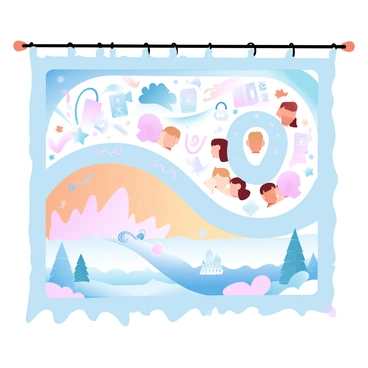 A large tapestry is displayed, featuring various sections that represent different stages of a person's life journey. Each section is filled with vibrant threads in rich colors. The top section illustrates childhood memories, with playful motifs such as toys and animals woven in bright hues. The next section transitions to adolescence, featuring symbols of education and friendships, highlighted by bold patterns. Following this, the tapestry showcases adult life, with imagery of career achievements and family, rendered in warm tones. The final section at the bottom depicts retirement and reflection, using softer pastel shades and serene scenes of nature, creating a harmonious flow throughout the tapestry.