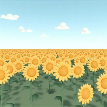 A vast field filled with bright yellow sunflowers, each flower facing towards the sun. The sunflowers have large, round centers surrounded by vibrant petals. The flowers are swaying gently in the breeze, creating a wave-like motion across the field. The sky above is blue with a few fluffy white clouds scattered throughout. The landscape stretches into the distance, with green leaves and stems contrasting against the vivid yellow blooms.