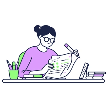 A proofreader sits at a wooden desk, focused on a printed manuscript spread open in front of her. She is wearing reading glasses and has a pencil tucked behind her ear. On the desk, there are several colorful highlighters in a small green cup, positioned next to the manuscript. She holds a purple highlighter in her right hand, marking key sentences on the page. A stack of reference books is visible to the right, and a notebook filled with handwritten notes lies beside the cup. A small potted plant sits in the corner of the desk, adding a touch of greenery to the workspace.