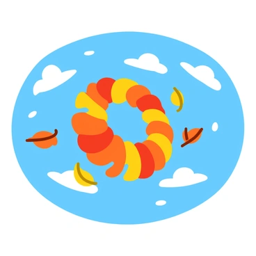 A swirling vortex of wind and colorful leaves spirals upwards into the clear blue sky. The leaves are shades of red, orange, and yellow, creating a vibrant contrast against the backdrop. The vortex has a dynamic and fluid shape, with the leaves caught in its motion, twisting and twirling around the central axis. The scene captures the lively energy of the wind as it lifts the leaves higher and higher, and a few scattered clouds can be seen above, enhancing the sense of movement.