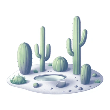 A cluster of cacti with various shapes and sizes arranged around a small oasis in a desert setting. The cacti display distinct features such as tall, slender trunks and short, round bodies. The oasis consists of a small body of water, reflecting the sky above, and is surrounded by patches of green grass and small plants. The desert terrain is marked by sandy soil and scattered rocks, creating a natural contrast with the vibrant green of the cacti and foliage. The scene captures the unique ecosystem of a desert oasis.