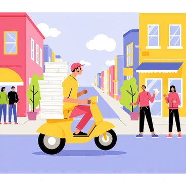 A comical scene of a moped overloaded with pizza boxes racing through the city