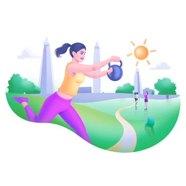 A fitness enthusiast wearing a bright athletic outfit is performing kettlebell swings in a park. The individual has a focused expression and is mid-swing, with the kettlebell being lifted high. In the background, famous monuments are visible, surrounded by lush greenery and trees. The sun casts warm light over the scene, highlighting the athlete's movements and the details of the kettlebell. Other park-goers can be seen walking in the distance, enjoying the outdoor environment.