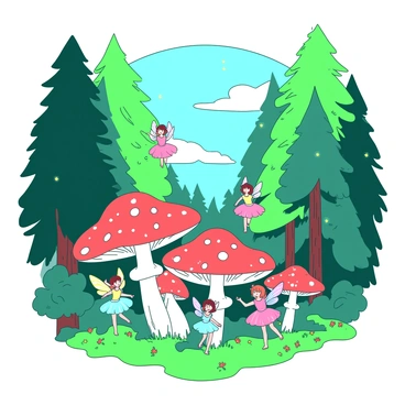A vibrant forest setting is filled with tall, lush green trees that reach towards a clear blue sky. In the center, there is a circle of oversized mushrooms with bright red caps and white spots. Surrounding the mushroom circle, several delicate fairies with iridescent wings are gracefully dancing. Each fairy has unique, colorful dresses that shimmer in the dappled sunlight filtering through the leaves. The fairies' laughter fills the air as they twirl and flit around the mushrooms, creating a magical atmosphere. Tiny lights, resembling fireflies, are scattered throughout the scene, adding to the enchanting glow of the forest.
