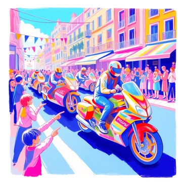 A parade features a line of colorful sports bikes, each with a unique design and vibrant paint job. The bikes are gleaming under bright sunlight, showcasing shades of red, blue, green, and yellow. The riders wear matching protective gear that complements their bikes. The scene takes place at a lively city festival with bustling crowds in the background, some waving flags and cheering. Colorful banners and decorations hang from nearby buildings, adding to the festive atmosphere. In the foreground, a couple of children point excitedly at the passing bikes, their faces filled with joy.