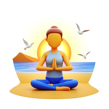 A yogi with a calm expression is performing a yoga pose on a sandy beach. The yogi is wearing comfortable yoga apparel, with bare feet resting on the warm sands. The sun is setting in the background, casting a soft golden light over the scene. Gentle waves are lapping at the shore nearby, and there are a few seagulls flying in the sky. There is a sense of harmony in the position of the yogi, who is centered and focused.