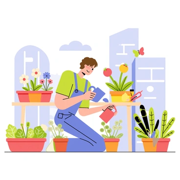 A person with short brown hair, wearing a green t-shirt and denim overalls, is tending to a small urban garden on a sunny balcony. The balcony is adorned with various pots filled with colorful flowers and leafy vegetables. The person is kneeling beside a pot, gently watering a small tomato plant with a blue watering can. A few garden tools, including a small trowel and pruning shears, are placed nearby on a wooden table. In the background, a clear blue sky is visible, with a few fluffy white clouds. A couple of colorful butterflies are fluttering around the flowers.