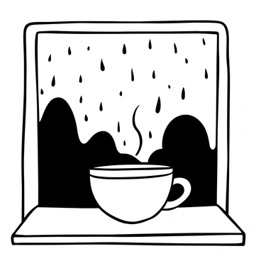 A cup of tea on a window sill, raindrops trickling down the glass