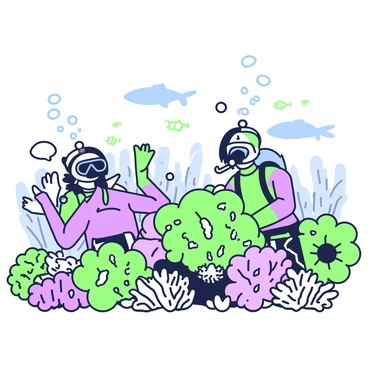 An underwater scene featuring two divers exploring a vibrant coral reef. The divers are wearing wetsuits and scuba gear, with their bubbles rising towards the surface. Surrounding them, there is a diverse array of coral formations in various shapes and sizes, showcasing intricate textures. The coral is home to small fish, swimming around and weaving in and out of the corals. Sunlight filters down from above, illuminating the underwater landscape. In the background, shadows of larger marine creatures can be seen, adding depth to the scene.
