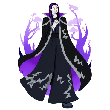 A tall anime villain with sharp angular features and piercing red eyes. He has long, flowing black hair with streaks of dark purple cascading down his back. His skin is pale, almost ghostly, enhancing his menacing appearance. He wears a dark, intricately designed cloak that billows around him, with silver patterns resembling jagged lightning. Surrounding him is a swirling dark aura that seems to pulse and flicker, casting ominous shadows. His expression is one of cold determination, with a slight smirk hinting at his sinister intentions. In the background, faint silhouettes of twisted trees and ominous clouds create a foreboding atmosphere.