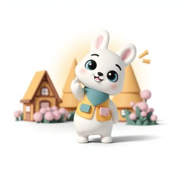 A friendly animal character, resembling a cartoonish rabbit with soft, fluffy white fur and large, expressive blue eyes. The rabbit is wearing a small, colorful vest adorned with various pockets, and a tiny green bandana around its neck. It stands on two legs, with a welcoming smile and one paw raised in a friendly wave. In the background, there are elements reminiscent of a village, such as a small wooden house with a thatched roof and blooming flowers around it. The sunlight casts a warm glow, enhancing the inviting atmosphere of the scene.