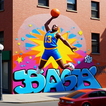A vibrant mural depicting a legendary basketball player in mid-air, making an iconic slam dunk. The player is wearing a distinctive jersey with bold colors and a recognizable number. Surrounding the player, there are dynamic splashes of color, representing energy and movement. The city wall exhibits textured bricks, with graffiti art in the background adding depth to the scene. Bright sunlight casts shadows, enhancing the three-dimensional effect of the mural. The surrounding area has urban elements like streetlights and parked cars.