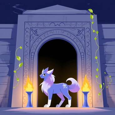 A majestic Suicune standing at the entrance of a large ancient temple. The temple is adorned with intricate stone carvings depicting mythical creatures and symbols. Sacred torches are positioned on either side of the entrance, casting a warm, golden glow that highlights Suicune's shimmering blue and purple fur. The atmosphere is filled with mystique, and a few vines can be seen climbing up the temple's weathered stone walls. The sky above is a deep twilight blue, providing a dramatic backdrop to the scene.