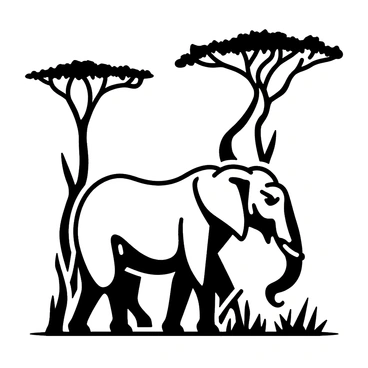 A sprawling African savanna landscape featuring several elephants walking amongst numerous acacia trees.