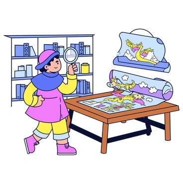 A magical explorer wearing a flowing cloak stands at a wooden table covered with ancient scrolls. The scrolls are rolled out and illustrated with colorful depictions of legendary adventures and mythical beings. The explorer holds a magnifying glass, examining the intricate details of one scroll that shows a dragon soaring over mountains. In the background, there are shelves filled with various mystical artifacts and books. A soft light illuminates the scene, highlighting the explorer's curious expression.