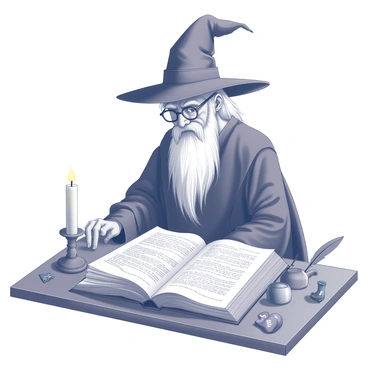 An elderly wizard with a long silver beard and half-moon spectacles is seated at a wooden table. He is wearing a flowing robe and has the "Sorting Hat" perched atop his head. The table is covered with an open book of spells, its pages filled with intricate handwritten notes and magical symbols. Surrounding the scene, there are various magical artifacts, including a quill and inkpot, alongside a lit candle casting soft shadows. The atmosphere suggests a moment of deep contemplation as the wizard prepares to share knowledge with others.
