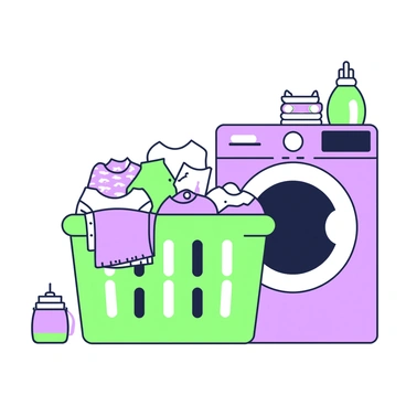 A laundry basket is placed next to a washing machine. The basket is filled with neatly folded clothes in various patterns and textures. On the top of the pile, there are several shirts with distinct designs, along with pairs of socks arranged neatly beside them. The washing machine is silver, with a circular door and a digital display on the front. A small stack of detergent bottles is positioned nearby, adding to the laundry scene.