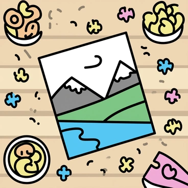 An overhead view of a completed jigsaw puzzle on a wooden table. The puzzle features a colorful landscape scene with mountains and a river. Surrounding the puzzle are a scattering of unconnected puzzle pieces in various shapes and colors. There are bowls of snacks, including chips and pretzels, placed at the corners of the table. The wooden texture of the table adds warmth to the composition.