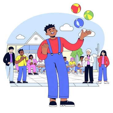 A street performer with a bright smile is standing under a sunny sky. He is wearing a red shirt and blue suspenders. His hands are skillfully juggling three colorful balls, each in a different color: red, yellow, and green. Around him, there is a small crowd of people watching, some clapping and laughing. The performer is on a cobblestone street, and in the background, there are a few trees and a small café with outdoor seating.