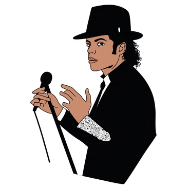 A white background serves as the backdrop for a figure resembling Michael Jackson. The figure is dressed in a classic black fedora that sits tilted on his head. He wears a sparkling glove on his right hand, adorned with sequins that catch the light. In his left hand, he holds a sleek black microphone, positioned as if he is about to sing. His pose conveys energy and charisma, reflecting his iconic performance style.