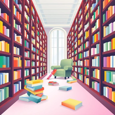 A large library filled with wooden shelves that are overflowing with books. The shelves are made of dark mahogany and extend upwards towards a high ceiling, where ornate woodwork is visible. Some books are stacked haphazardly, while others are neatly lined up, creating an impression of books multiplying and stacking ever higher. In the foreground, a few books are tumbling off the edge of a shelf, joining others that are scattered on the polished wooden floor. Soft light filters in through tall windows, casting gentle shadows across the room. A cozy reading nook with a plush armchair sits in one corner, surrounded by even more books.