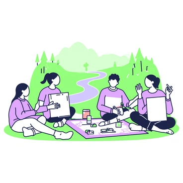 A group of students is sitting on the grass, sketching a landscape scene outdoors. Each student has a sketchbook open in front of them, and they are focused on capturing the details of the scenery around them. In the background, there are rolling hills with trees scattered throughout, and a river flowing gently. One student is using colored pencils to add texture to their drawing, while another is holding a charcoal pencil. A picnic blanket is spread out nearby, and some art supplies are scattered around, including erasers and water bottles. In the foreground, a few students are discussing their sketches with enthusiasm.