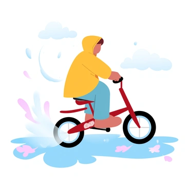 A child is riding a balance bike while splashing through puddles on a wet pavement. The child is wearing a bright yellow raincoat, and small droplets of rain can be seen falling around them. Water is splashing up from the puddles, creating a spray effect. The balance bike has a shiny red frame and black wheels. A few colorful leaves are scattered across the ground, adding to the scene. In the background, soft clouds are visible in the light gray sky.