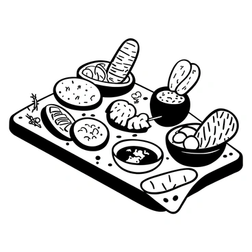 A rustic wooden charcuterie board placed on a textured surface. The board is filled with an assortment of hearty meats, including slices of salami and prosciutto, arranged neatly. There are several types of artisanal breads, including a round loaf and slices of a baguette, displayed alongside the meats. Small bowls of olives and cheese are also present, adding variety to the board. Garnishes of fresh herbs are scattered across the arrangement.