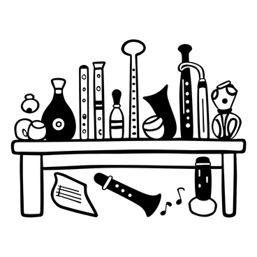A wooden table is filled with an assortment of recorders, showcasing various styles and sizes. Each recorder is crafted from different materials, featuring intricate designs and patterns. Some recorders have a shiny, polished finish, while others display a more rustic, textured surface. A small music sheet rests beside them, with musical notes printed clearly on it. The light falls softly on the table, highlighting the details of the instruments.