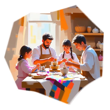 A family of four is gathered in a rustic home setting, surrounded by wooden beams and cozy textiles. The father, with short brown hair, is sitting at a workbench, carefully carving a piece of wood into a decorative object. The mother, with long wavy hair, is sitting beside him, knitting a colorful blanket. Their young daughter, with pigtails, is painting a small clay figurine on a nearby table. The older son, with tousled hair, is arranging various handmade goods, including woven baskets and pottery, on a shelf. Sunlight streams through the window, illuminating the warmth of the scene.