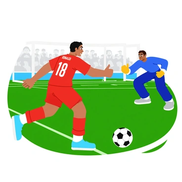 A soccer player, "Ronaldo," stands poised at the penalty spot, wearing a red jersey with his number prominently displayed. He is in a dynamic stance, with one foot lifted as he prepares to strike the ball. The soccer ball, white with black hexagonal patches, is directly in front of him. Behind him, "a focused goalkeeper" in blue gear crouches low, eyes locked onto Ronaldo's movements, ready to react. The field is a vibrant green, with the goal post visible in the background, adding context to the intense moment. The crowd can be faintly seen in the stands, eagerly watching the unfolding action.