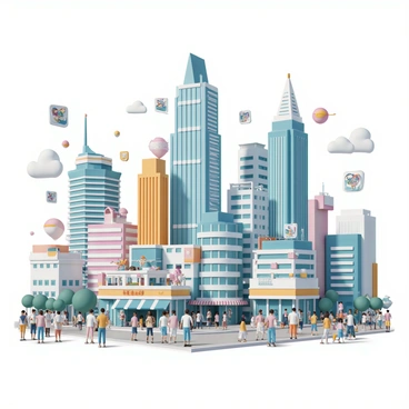 A vibrant cityscape filled with tall buildings, each uniquely designed and resembling various digital art tools. There are skyscrapers shaped like paintbrushes, rulers, and palettes, all glimmering under the sunlight. Busy streets are alive with pedestrians, some holding tablets and styluses, while others are engaged in discussions. Colorful banners featuring digital artwork hang between the buildings, enhancing the lively atmosphere. In the sky, floating digital screens display animated art, adding to the dynamic feel of the city.