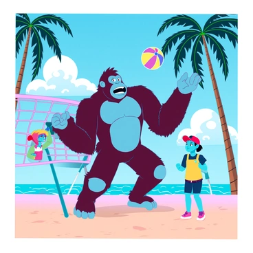 A large gorilla with brown fur, named "Donkey Kong," is energetically playing beach volleyball. He is positioned on a sandy shore, surrounded by a vibrant beach environment. A bright blue sky with a few fluffy white clouds is visible overhead. In the background, there are palm trees swaying gently in the breeze. Donkey Kong's friends, who include a small character with a red cap and a yellow character with a blue bandana, are nearby, eagerly watching and cheering. The volleyball is mid-air, and everyone is focused on the game. The waves of the ocean can be seen crashing softly in the distance, completing the lively beach scene.