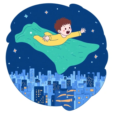 A child with short brown hair and wearing a bright yellow pajama is soaring through the night sky on a large, intricately patterned teal carpet. Below, a sprawling city is illuminated with countless twinkling lights, reflecting shades of white and orange from the buildings and streetlights. The child has a look of wonder on their face, arms stretched out joyfully as they glide above tall skyscrapers and cozy homes. The stars are scattered across the deep blue sky, adding to the enchanting night atmosphere.