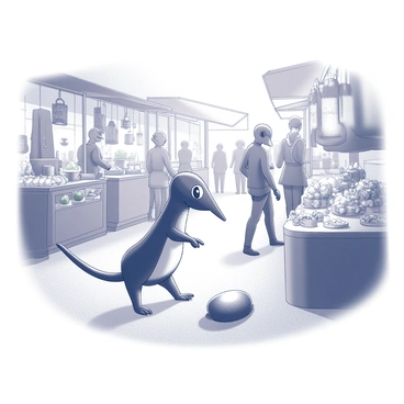 A niffler with a shiny, sleek body is actively exploring a bustling market scene. The creature is standing on its hind legs, using its long, pointed nose to investigate various items. Various market stalls are filled with an array of goods, including fruits, trinkets, and fabrics, each displayed attractively to catch the attention of passersby. There are people moving about, some stopping to examine the wares, while others engage in conversation. The niffler appears particularly interested in a shiny object lying on a table, reflecting light and drawing its attention. A lively atmosphere surrounds the scene, with a sense of excitement and discovery.