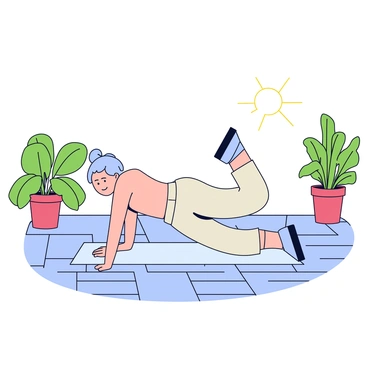 A tranquil courtyard with smooth stone tiles and green potted plants lining the edges. In the center, a person is holding a side plank position, balancing on one forearm and the side of their foot. The person is wearing a simple, light-colored athletic outfit. Sunlight casts soft shadows on the ground, enhancing the peaceful atmosphere of the scene. A gentle breeze rustles the leaves of the nearby plants.