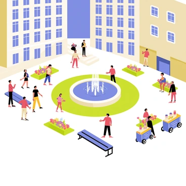A bustling urban plaza featuring a large circular fountain at the center, with water splashing playfully. Surrounding the fountain are colorful flower beds with bright blooms. Groups of people are walking around, some chatting and others sitting on nearby benches. A few street vendors with carts displaying snacks and drinks are positioned along the edges of the plaza. Tall buildings with large windows frame the scene, while a clear blue sky is visible overhead.