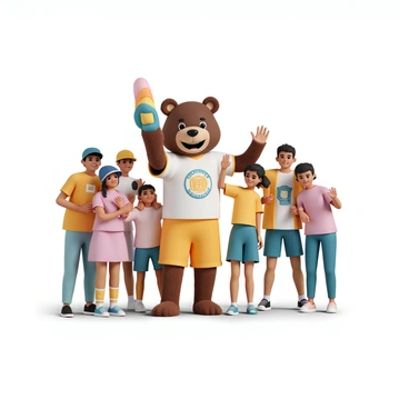A sports team mascot, resembling a large, friendly bear, is standing energetically with a bright, colorful foam finger raised high in its right paw. The mascot is wearing a vibrant team jersey featuring the team's logo on the front and matching shorts. Surrounding the mascot are several excited fans of all ages, wearing team merchandise such as hats and jerseys. The fans are smiling and reaching out, some giving high-fives to the mascot, while others are posing for photos. The scene is lively and filled with enthusiasm, capturing the spirit of a game day atmosphere.