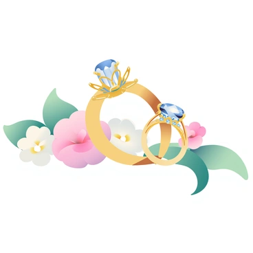 An elegant wedding ring is displayed alongside an engagement ring, both featuring intricate designs and sparkling gemstones. The wedding ring has a smooth, polished band, while the engagement ring boasts a prominent diamond set in a delicate setting. Surrounding the rings are soft white and pink flowers, with green leaves providing a fresh contrast. The flowers are arranged beautifully, creating a romantic and sophisticated atmosphere that complements the rings.