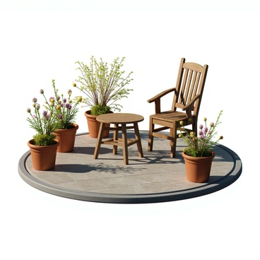 An empty wooden chair with a weathered finish sits on a patio. The chair is positioned slightly off-center, facing a small table. Surrounding the chair are wilting flowers in various pots, their petals drooping and leaves yellowing. The patio is made of stone tiles, and there are traces of sunlight filtering through the leaves of nearby trees, casting shadows on the ground. The overall scene conveys a sense of absence and stillness.
