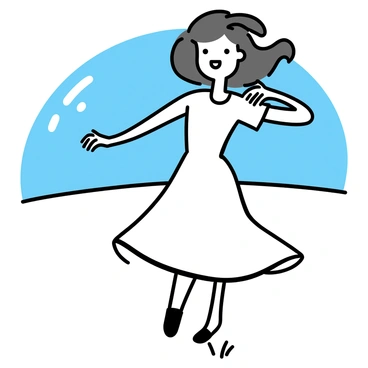 A dancer wearing a flowing white dress is captured mid-twirl in an open space illuminated by bright sunlight. She has long, flowing hair that dances along with her movement, creating a sense of freedom. Her arms are extended outward, and her facial expression conveys pure joy. The background features a clear blue sky and a few blades of grass beneath her feet, emphasizing the natural and vibrant atmosphere of the scene.