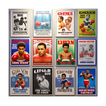 A wall adorned with various vintage boxing match posters. The posters feature fighters in dynamic poses, with bold typography displaying event details. Each poster represents different eras, showcasing a range of styles and colors. Some posters include black-and-white images, while others incorporate vibrant colors and graphics. The wall itself is textured, adding depth to the arrangement of posters. The lighting casts subtle shadows, highlighting the details of the posters and creating a sense of nostalgia.
