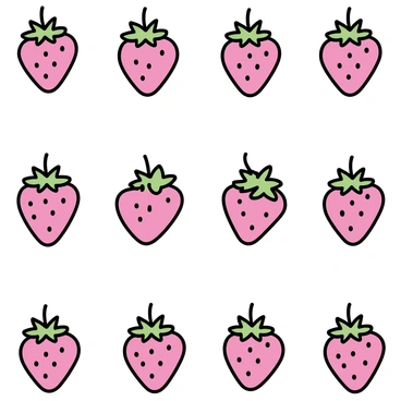 A repeating pattern of red strawberries, each one with green leaves at the top. The strawberries are simplistic in shape, featuring small seeds in a uniform arrangement. The background is a soft, light color that allows the strawberries to stand out clearly. The overall composition is balanced with evenly spaced strawberries creating a cohesive design.