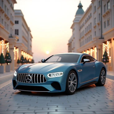 A sleek luxury car, gleaming in a deep metallic blue color, is parked on a scenic city street. The car features smooth curves and an elegant design, with shining chrome details accentuating its profile. Surrounding the car, the street is lined with elegant buildings, each adorned with twinkling lights that create a warm, inviting atmosphere. The cobblestone pavement reflects the soft glow of the lights, while a few trees with small decorations add to the festive feel of the scene. In the background, a faded sunset casts a gentle light, enhancing the overall beauty of the setting.
