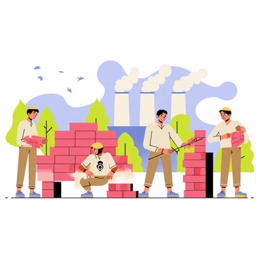A group of six settlers working at a brick-making factory. The settlers are wearing simple, sturdy clothing and are engaged in various tasks, such as shaping wet clay and stacking finished bricks. The factory has several tall chimneys puffing white smoke into the sky. In the background, there are piles of red bricks arranged neatly. The scene is set under a clear blue sky, with some green trees visible at the edges. A few birds are flying in the distance, adding life to the environment.
