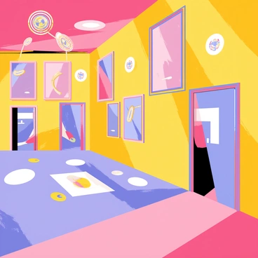 A funhouse featuring several distorted mirrors reflecting various shapes and sizes. The walls are adorned with vibrant and colorful lights that cast playful patterns across the floor. Hidden throughout the funhouse are secret escape routes, with doors blending seamlessly into the whimsical decor. The atmosphere is lively, inviting visitors to explore every twist and turn.
