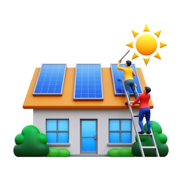 A couple is installing "solar panels" on the roof of their "eco-friendly house." The house features a modern design with large windows and a green garden surrounding it. The couple is actively working together, with one person handing tools to the other while standing on a ladder. Sunlight is shining brightly, highlighting the panels and the vibrant colors of the garden.