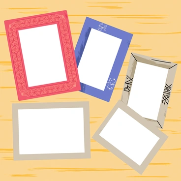 A collection of picture frames arranged on a wooden surface. The first frame is intricately carved with floral patterns in a vibrant red color, representing an Asian culture. Next to it, a rectangular frame is decorated with geometric designs and is painted in deep blue, showcasing Middle Eastern artistry. Another frame features a rustic, weathered look with tribal symbols etched into it, reflecting Indigenous heritage. Beside this, a sleek, modern frame in silver contrasts with the others, representing contemporary style. Each frame holds an empty space, ready for a photograph, and they are all slightly angled towards the viewer, creating an inviting display.